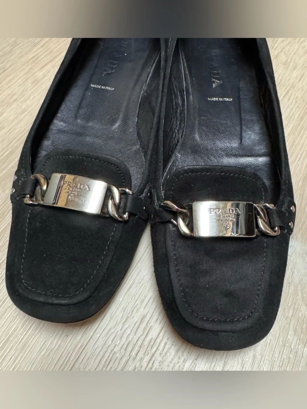 Prada Black Suede Leather Loafer Flats Size 37 US 7 Silver Hardware - Picture 2 of 16